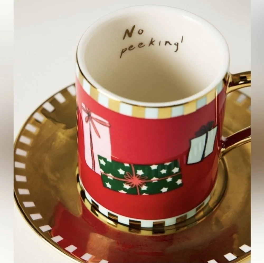 Anthropologie Caroline Stoneware Holiday Espresso Cup & Saucer, NIB